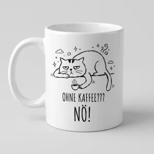 Katzen-Tasse «OHNE KAFFEE??? NÖ!» Grumpy-Cat-Motiv — Tasse weiss Henkel links 330 ml