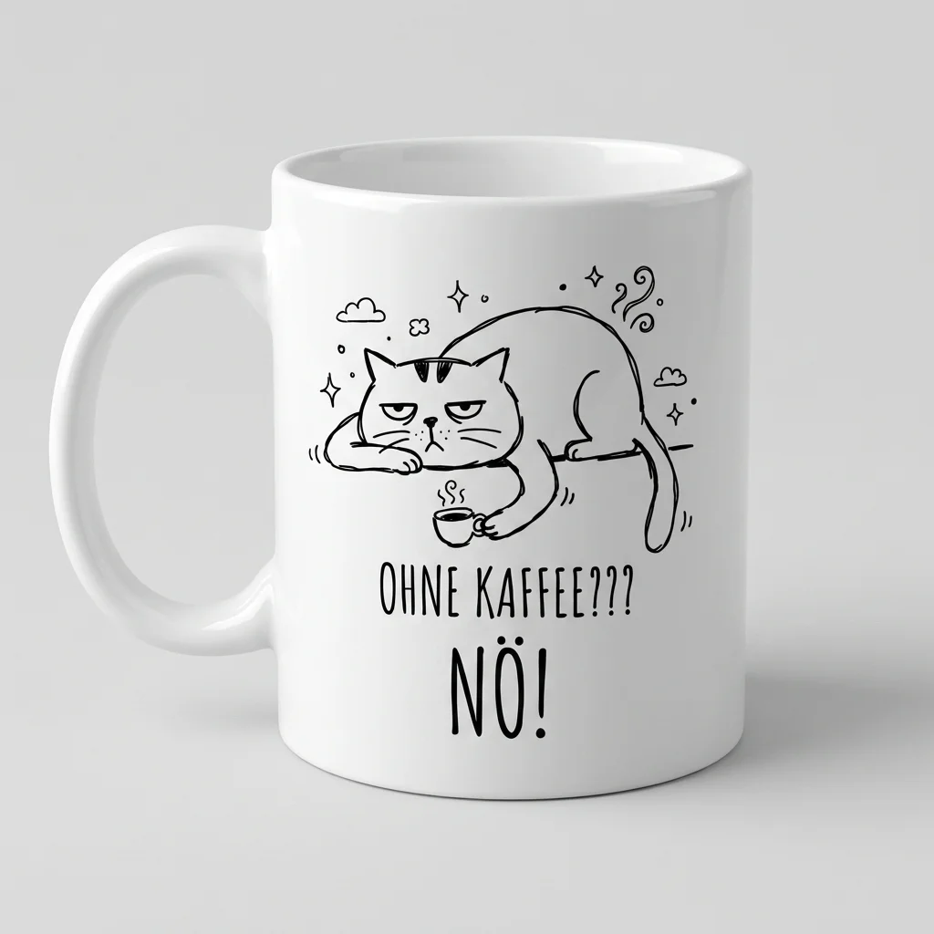Katzen-Tasse «OHNE KAFFEE??? NÖ!» Grumpy-Cat-Motiv — Tasse weiss Henkel links 330 ml
