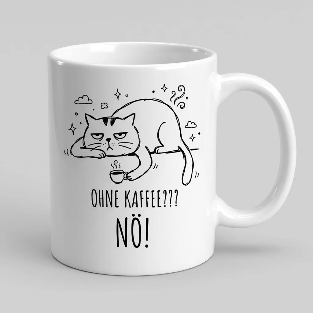 Katzen-Tasse «OHNE KAFFEE??? NÖ!» Grumpy-Cat-Motiv — Tasse weiss Henkel rechts 330 ml