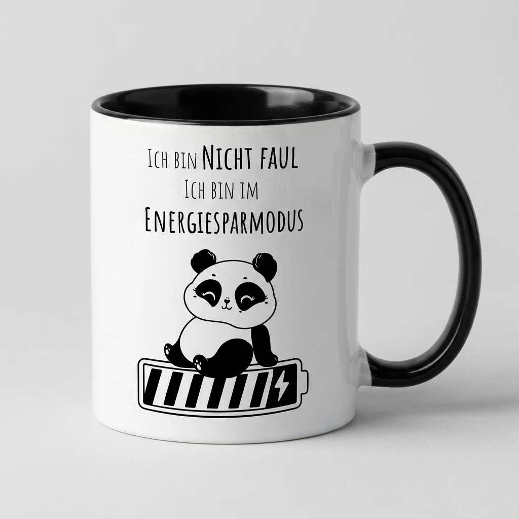 Panda-Tasse «Ich bin nicht faul, ich bin im Energiesparmodus» Oneliner-Motiv — Tasse schwarz 330 ml