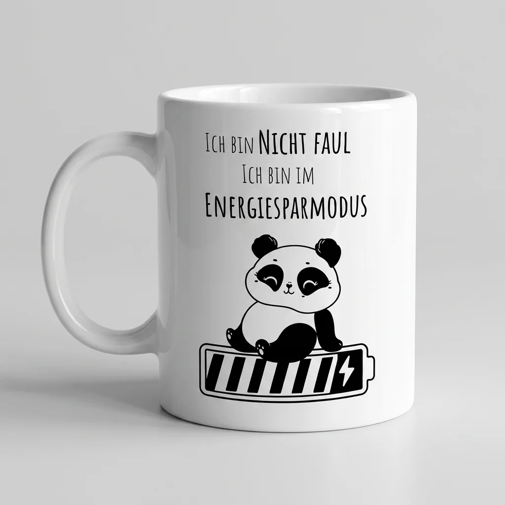 Panda-Tasse «Ich bin nicht faul, ich bin im Energiesparmodus» Oneliner-Motiv — Tasse weiss Henkel links 330 ml