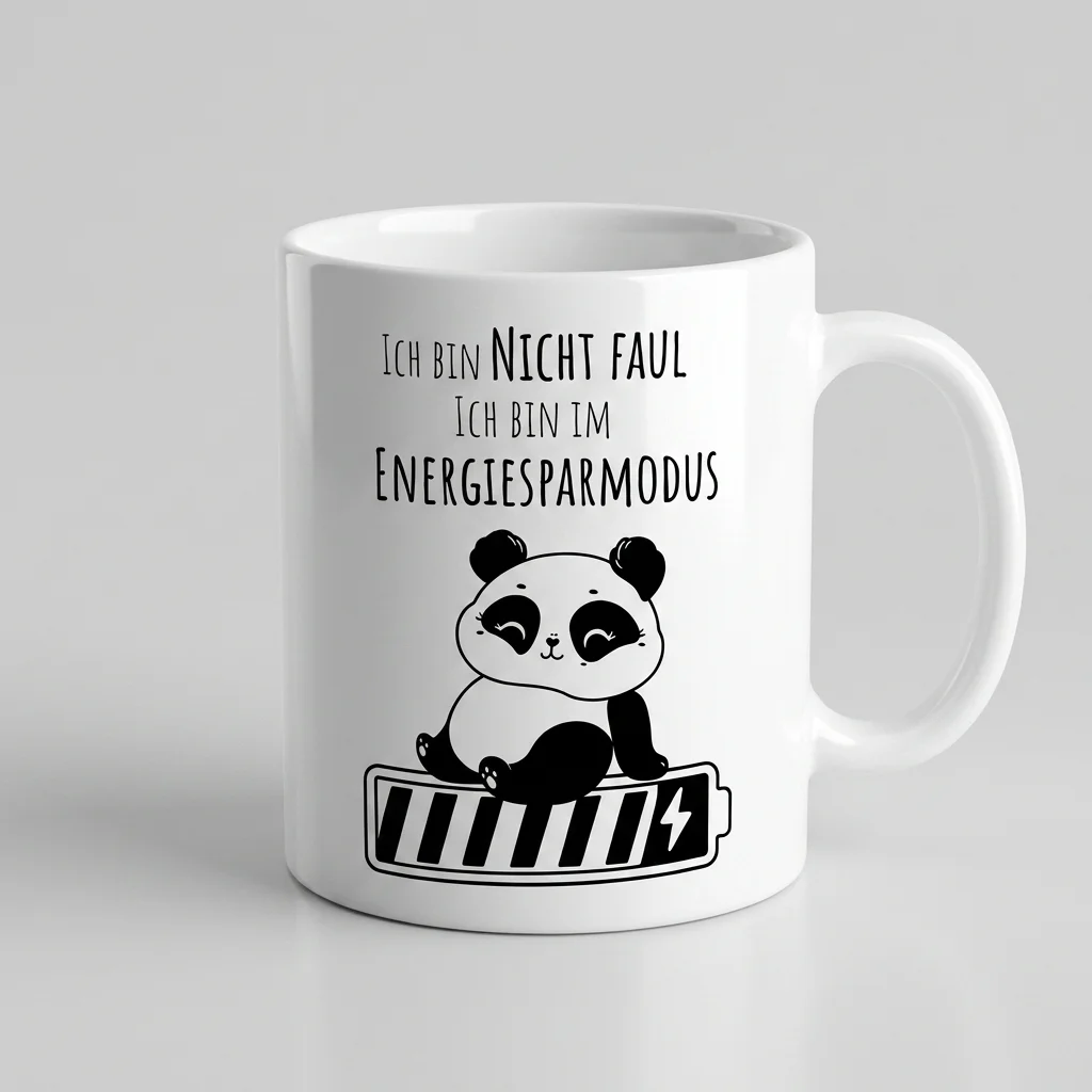 Panda-Tasse «Ich bin nicht faul, ich bin im Energiesparmodus» Oneliner-Motiv — Tasse weiss Henkel rechts 330 ml
