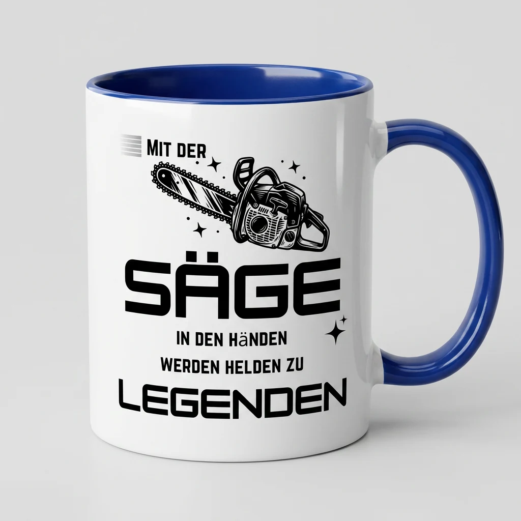 Tasse mit blauem Henkel und Kettensaegen-Motiv, Spruch Mit der Saege werden Helden zu Legenden