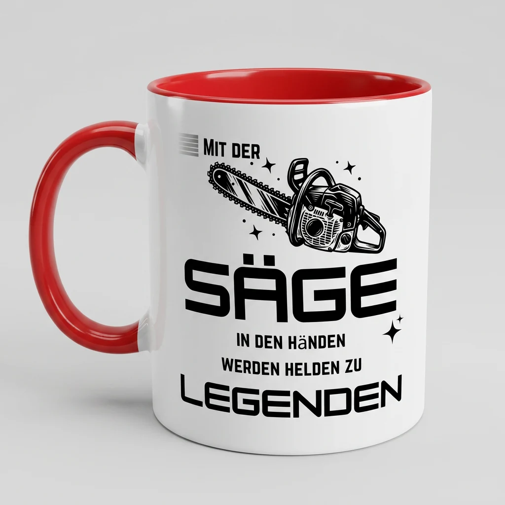 Tasse mit rotem Henkel und Kettensaegen-Motiv, Spruch Mit der Saege werden Helden zu Legenden