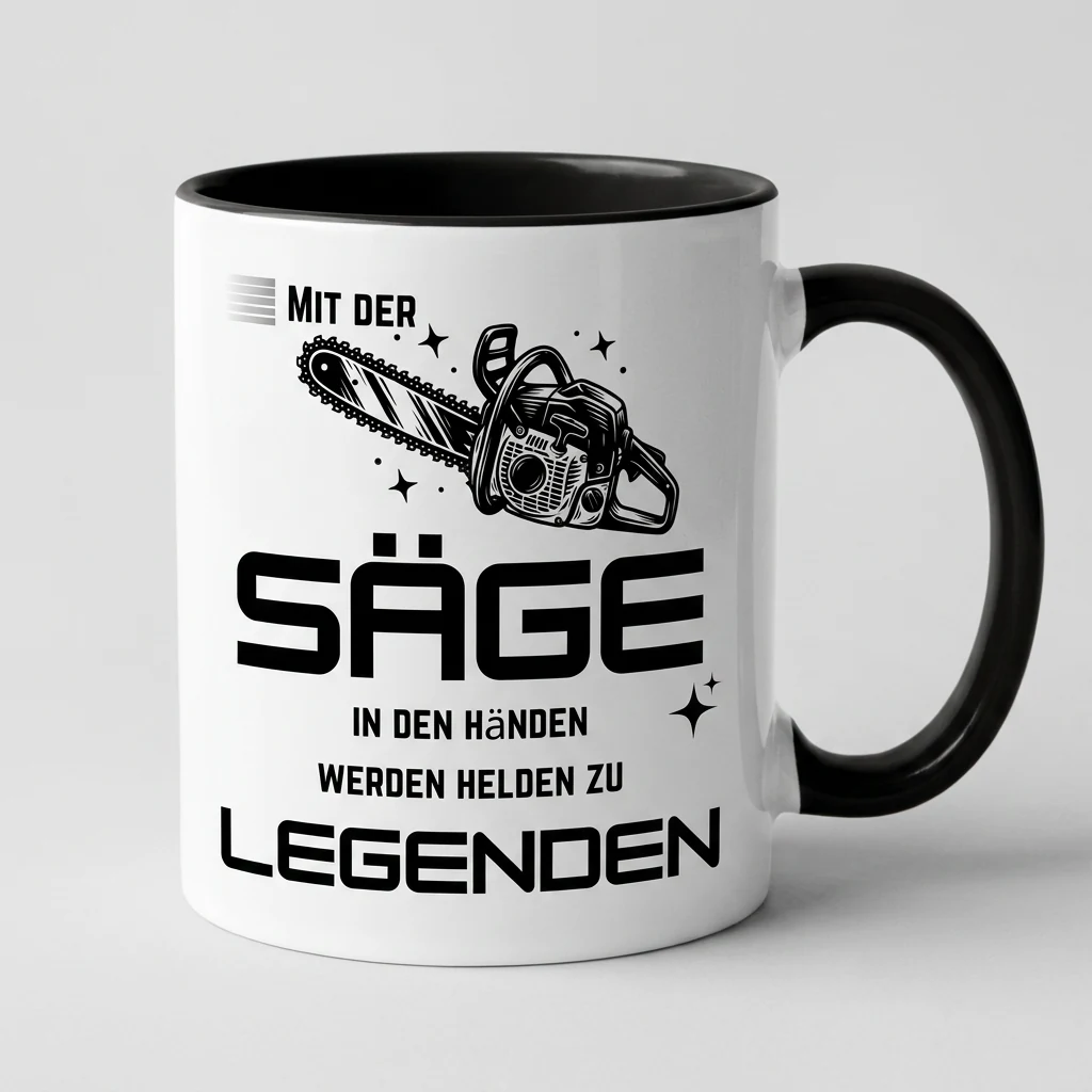 Tasse mit schwarzem Henkel und Kettensaegen-Motiv, Spruch Mit der Saege werden Helden zu Legenden