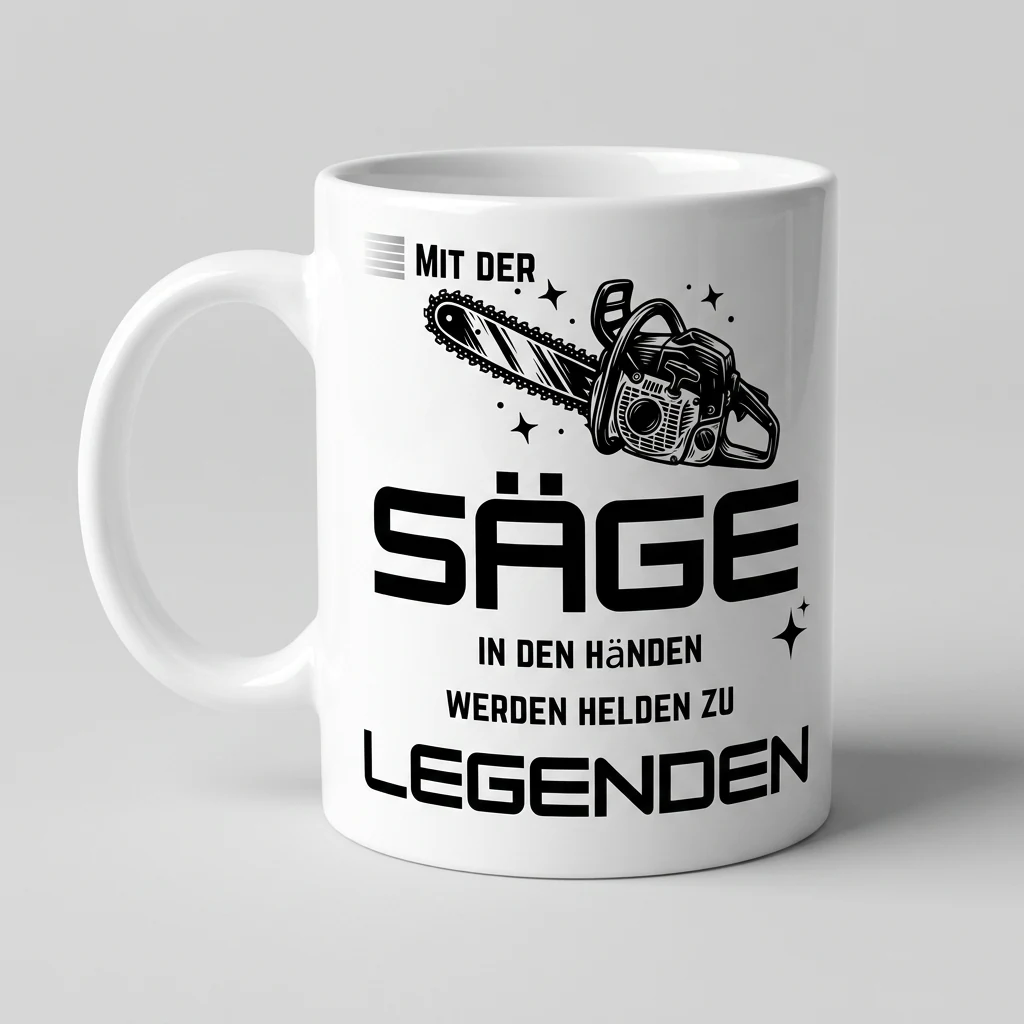Weisse Saege-Tasse mit Kettensaege, Henkel links, Spruch Helden werden zu Legenden