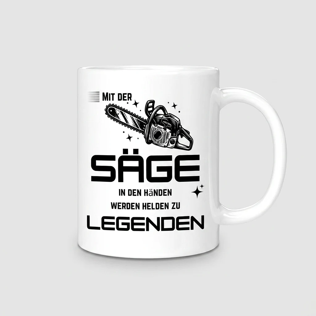 Weisse Keramiktasse mit Kettensaegen-Motiv und Spruch Mit der Saege in den Haenden werden Helden zu Legenden