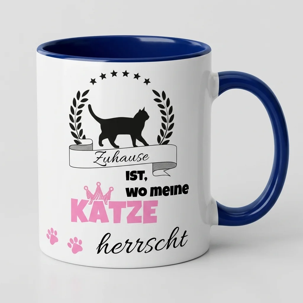 Katzen-Tasse «Zuhause ist, wo meine Katze herrscht» Spruch-Motiv — Tasse blau 330 ml