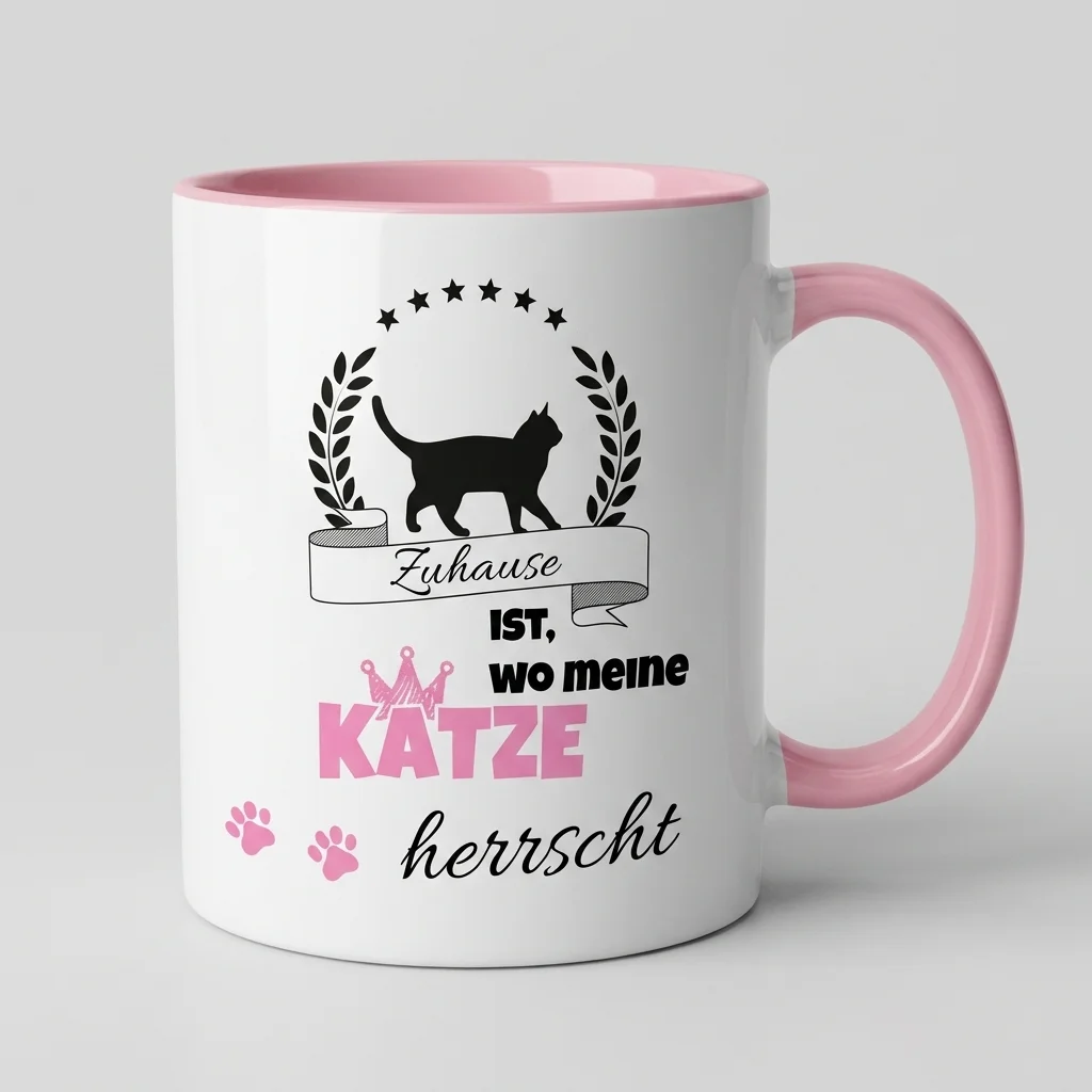 Katzen-Tasse «Zuhause ist, wo meine Katze herrscht» Spruch-Motiv — Tasse rosa 330 ml
