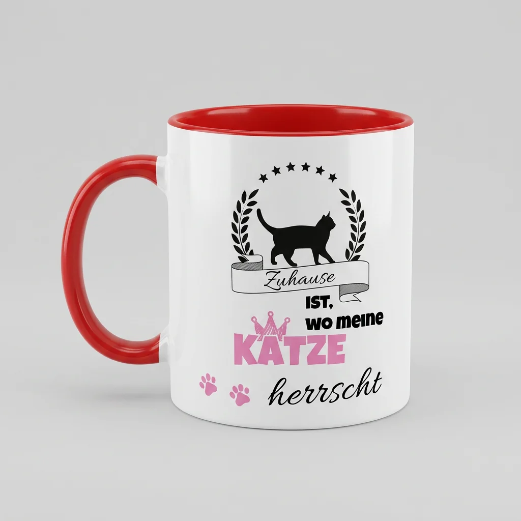 Katzen-Tasse «Zuhause ist, wo meine Katze herrscht» Spruch-Motiv — Tasse rot 330 ml