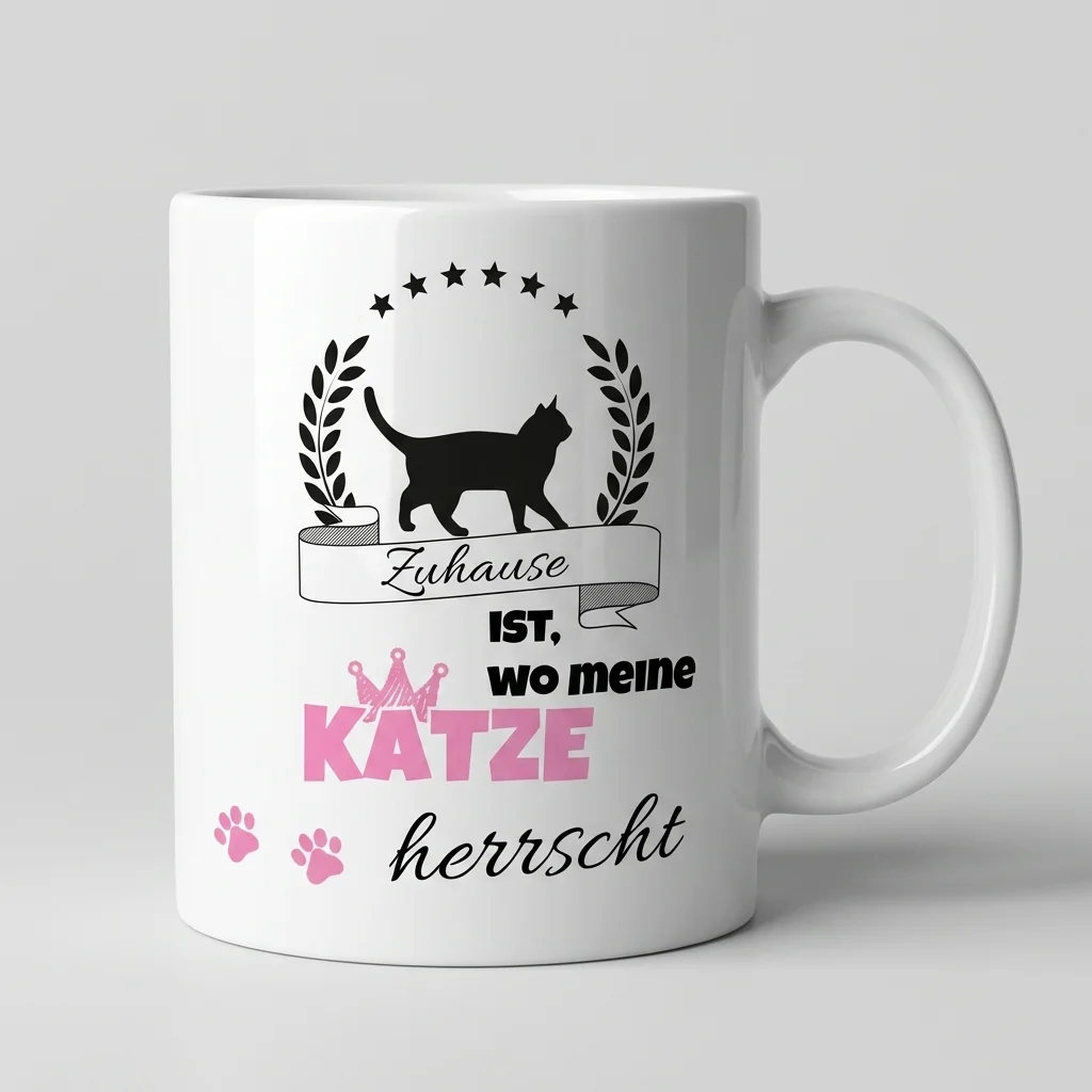 Katzen-Tasse «Zuhause ist, wo meine Katze herrscht» Spruch-Motiv — Tasse weiss Henkel rechts 330 ml