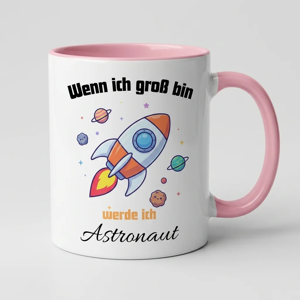 Astronauten-Kindertasse Wenn ich gross bin werde ich Astronaut Raketen-Motiv - Tasse rosa 300 ml