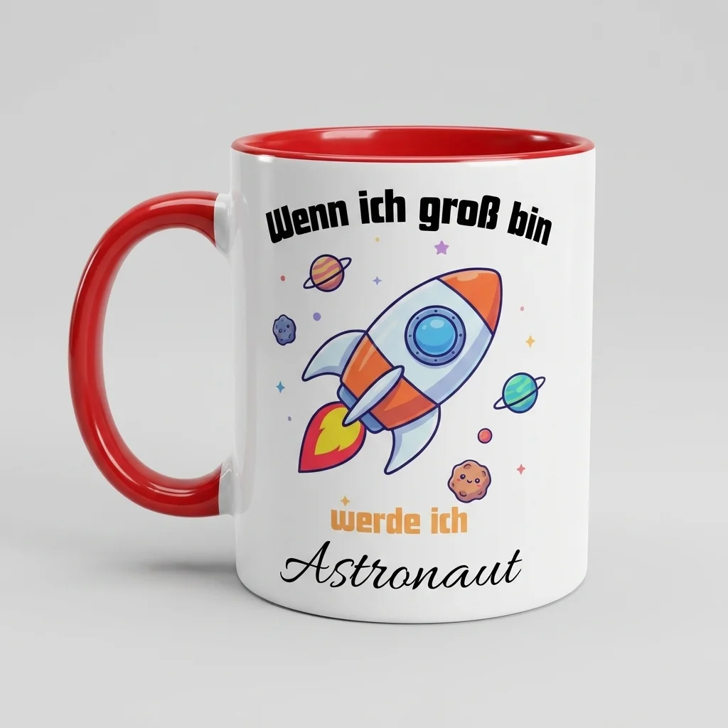 Astronauten-Kindertasse Wenn ich gross bin werde ich Astronaut Raketen-Motiv - Tasse rot 300 ml