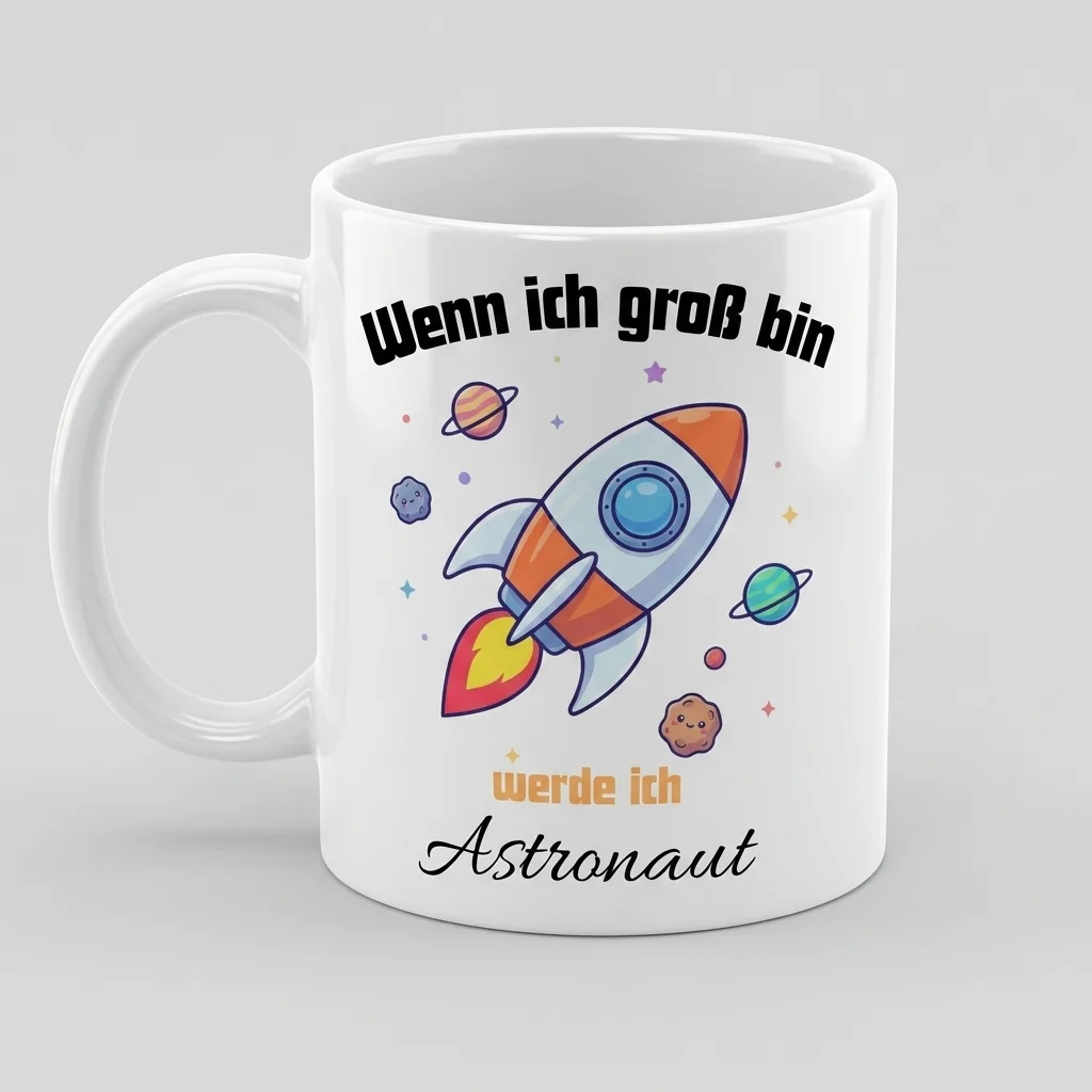 Astronauten-Kindertasse Wenn ich gross bin werde ich Astronaut Raketen-Motiv - Tasse weiss Henkel links 300 ml
