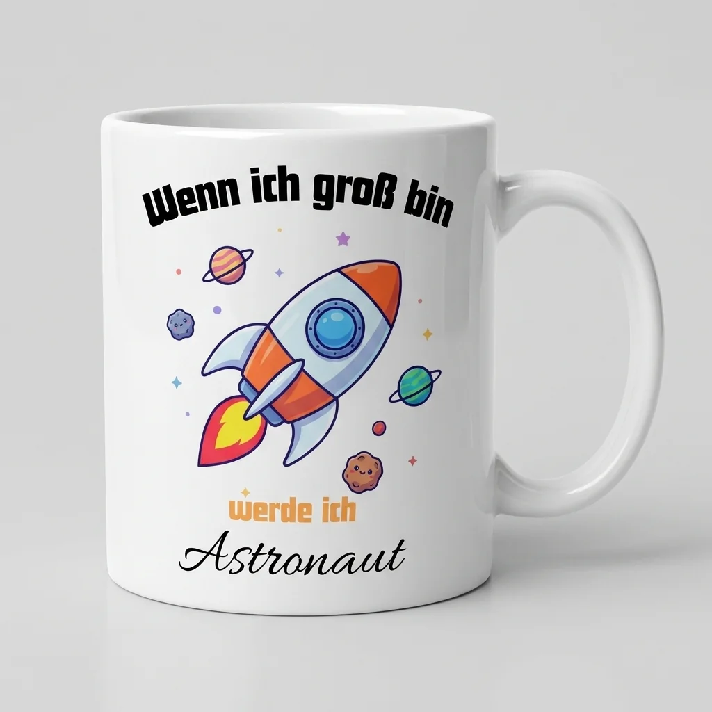 Astronauten-Kindertasse Wenn ich gross bin werde ich Astronaut Raketen-Motiv - Tasse weiss Henkel rechts 300 ml