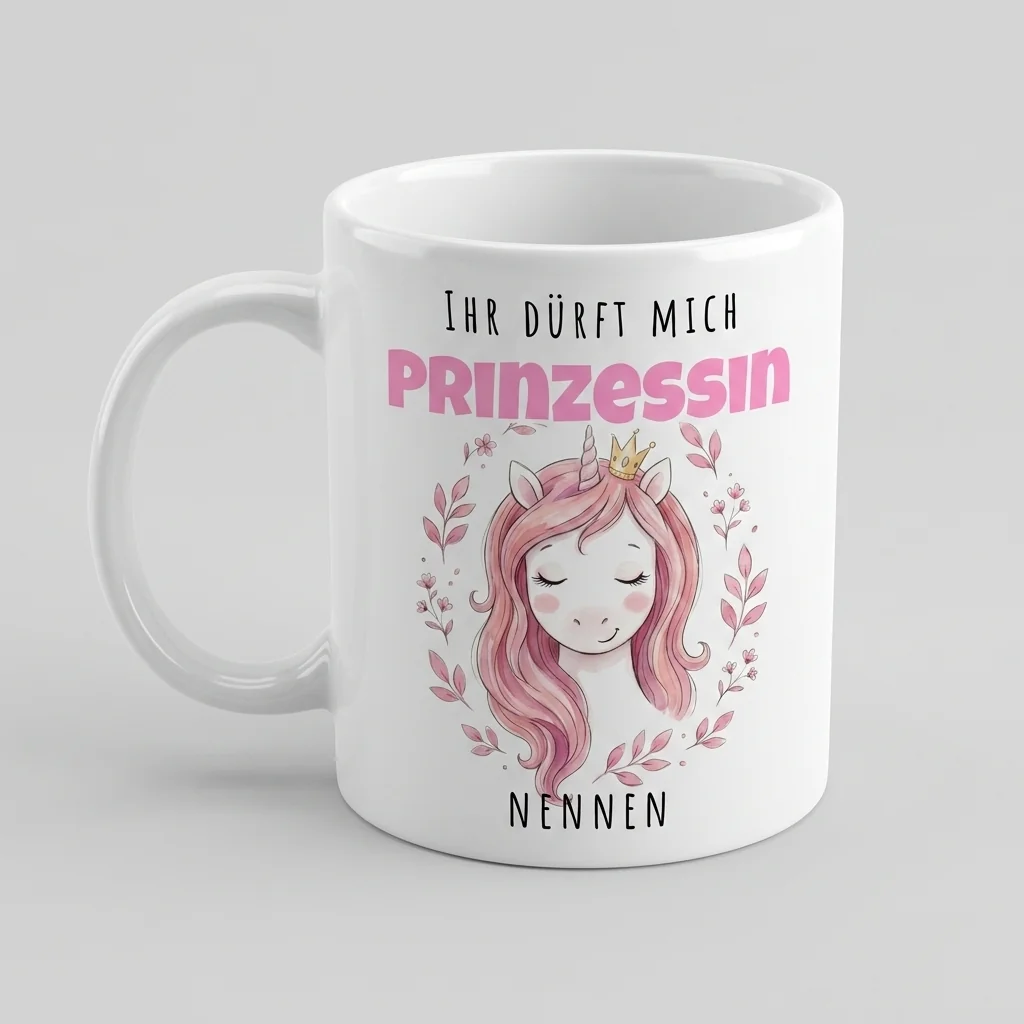 Einhorn-Tasse Ihr duerft mich Prinzessin nennen - Tasse weiss Henkel links 300 ml