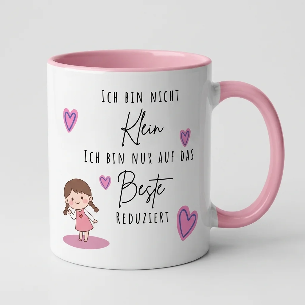 Tasse mit rosa Henkel und Maedchen-Motiv, Spruch Ich bin nicht klein nur auf das Beste reduziert