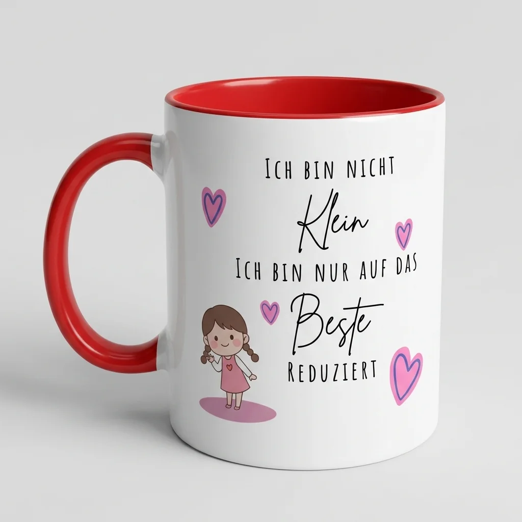 Tasse mit rotem Henkel und Maedchen-Motiv, Spruch Auf das Beste reduziert