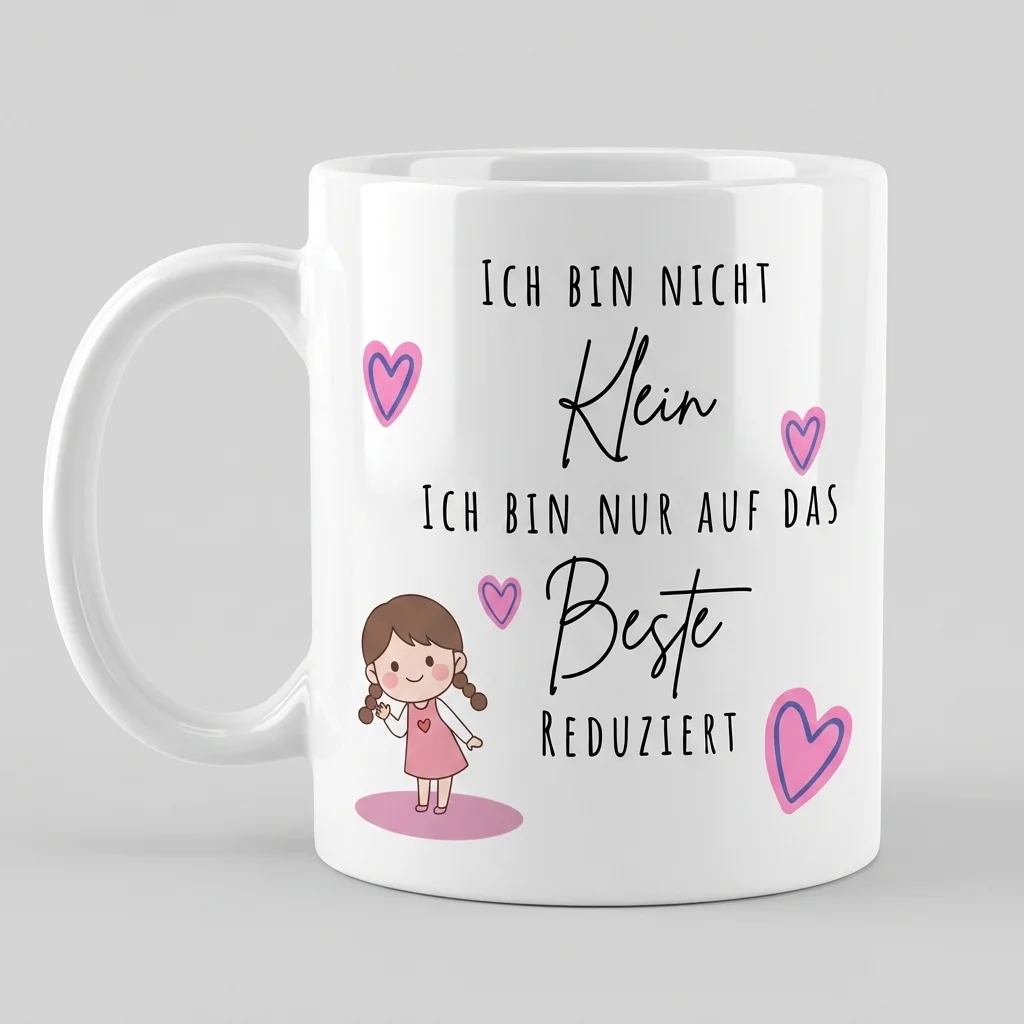 Weisse Kindertasse mit Maedchen-Motiv, Henkel links, Spruch Auf das Beste reduziert