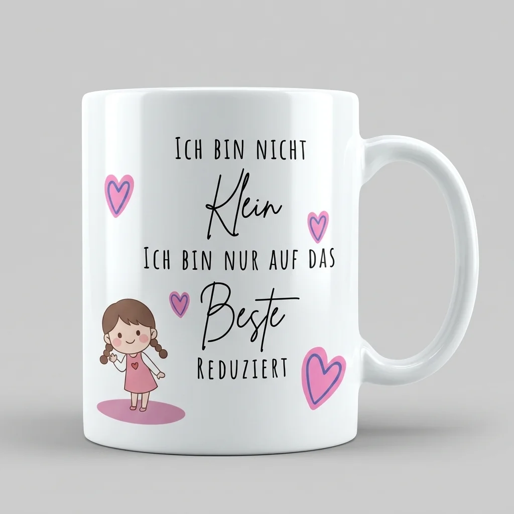 Weisse Keramiktasse mit Maedchen-Motiv und Spruch Ich bin nicht klein ich bin nur auf das Beste reduziert