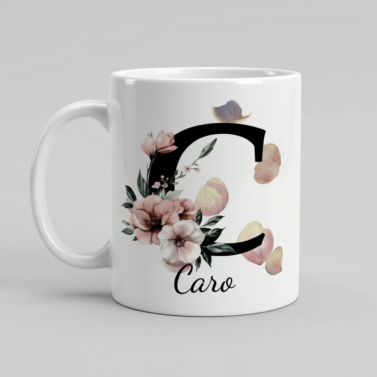 Petal Monogram Tasse – Buchstabe C (Weiß 300 ml) — Tasse 330 ml