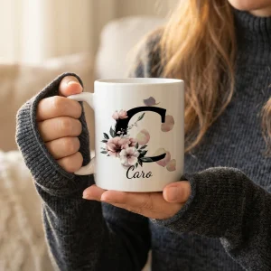 Petal Monogram Tasse – Buchstabe C (Weiß 300 ml) — Henkel rechts