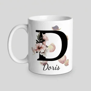 Petal Monogram Tasse – Buchstabe D (Weiß 300 ml) — Tasse 330 ml