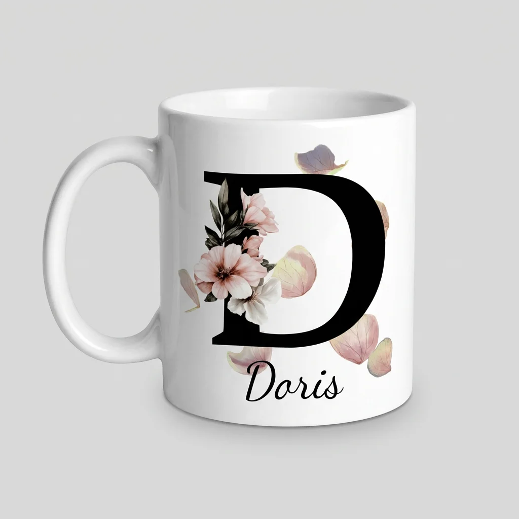 Petal Monogram Tasse – Buchstabe D (Weiß 300 ml) — Tasse 330 ml
