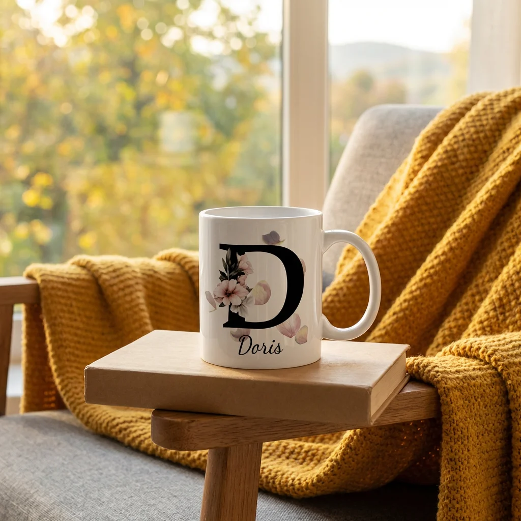 Petal Monogram Tasse – Buchstabe D (Weiß 300 ml) — Henkel rechts