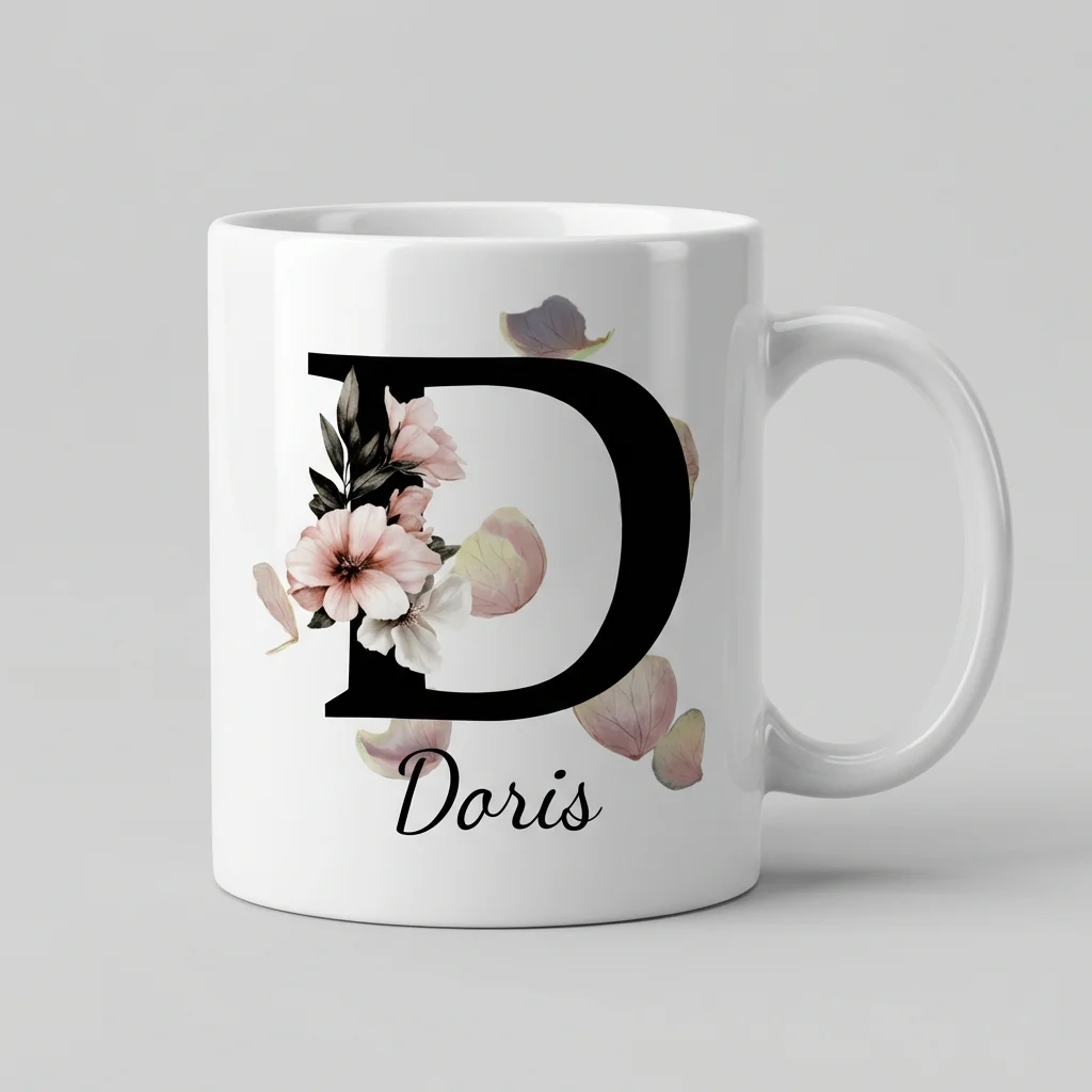 Petal Monogram Tasse – Buchstabe D (Weiß 300 ml) — Henkel links