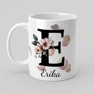 Petal Monogram Tasse – Buchstabe E (Weiß 300 ml) — Tasse 330 ml