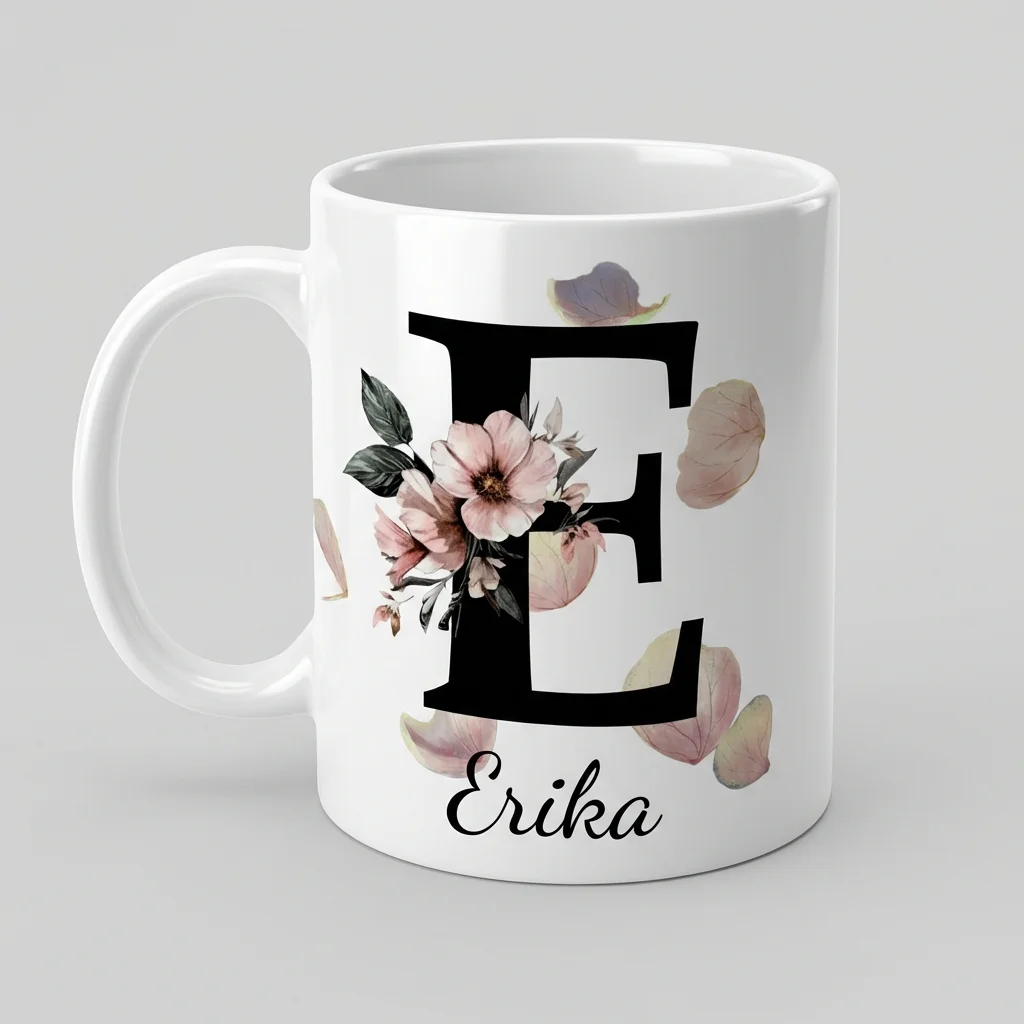 Petal Monogram Tasse – Buchstabe E (Weiß 300 ml) — Tasse 330 ml