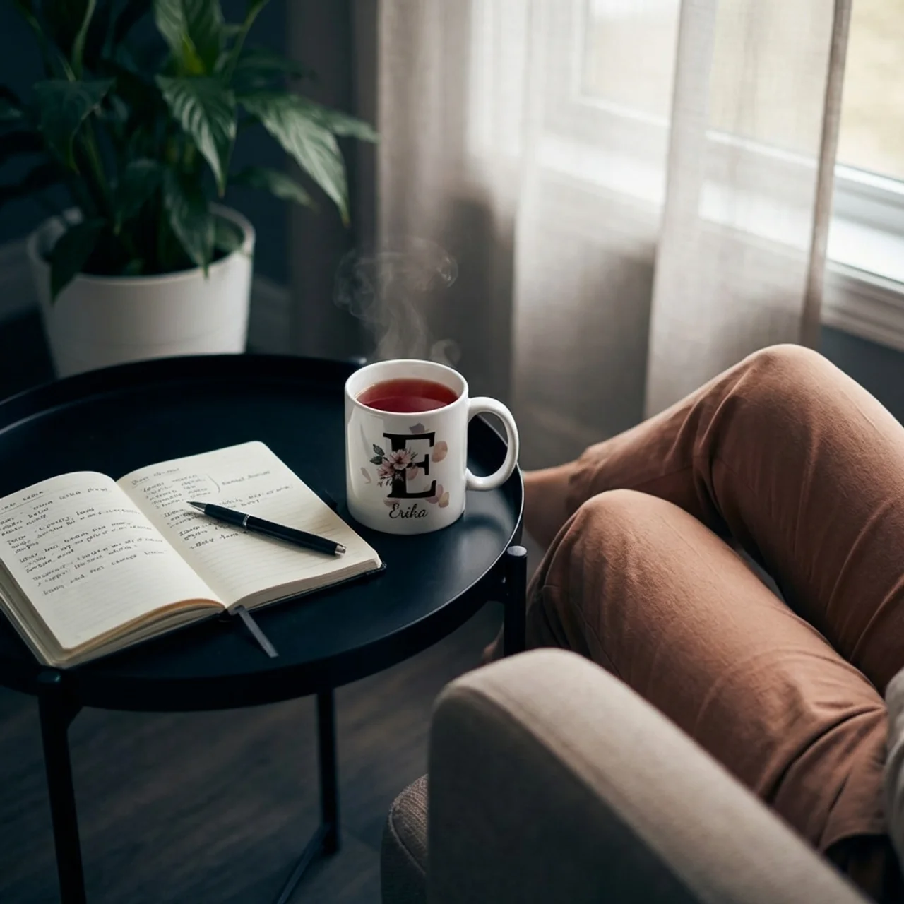 Petal Monogram Tasse – Buchstabe E (Weiß 300 ml) — Henkel rechts