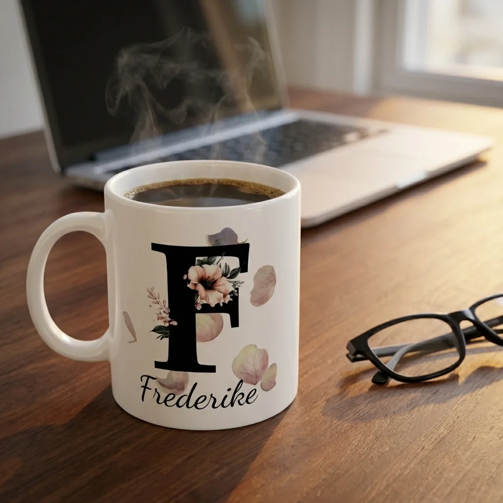 Petal Monogram Tasse – Buchstabe F (Weiß 300 ml) — Henkel rechts