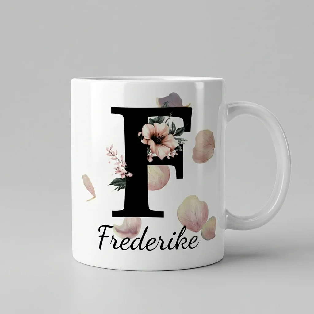 Petal Monogram Tasse – Buchstabe F (Weiß 300 ml) — Henkel links