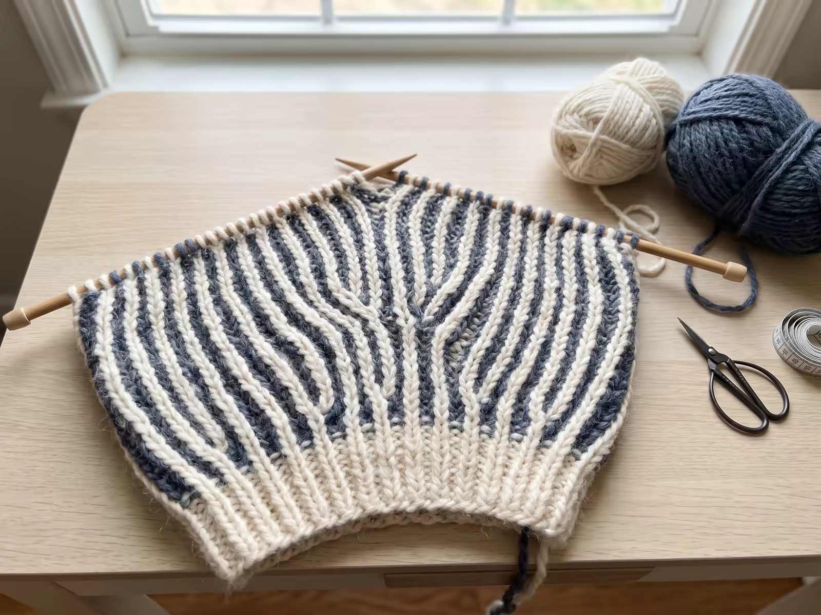 Detailansicht eines plastischen, zweifarbigen Brioche-Strickmusters aus weicher, voluminöser Wolle.