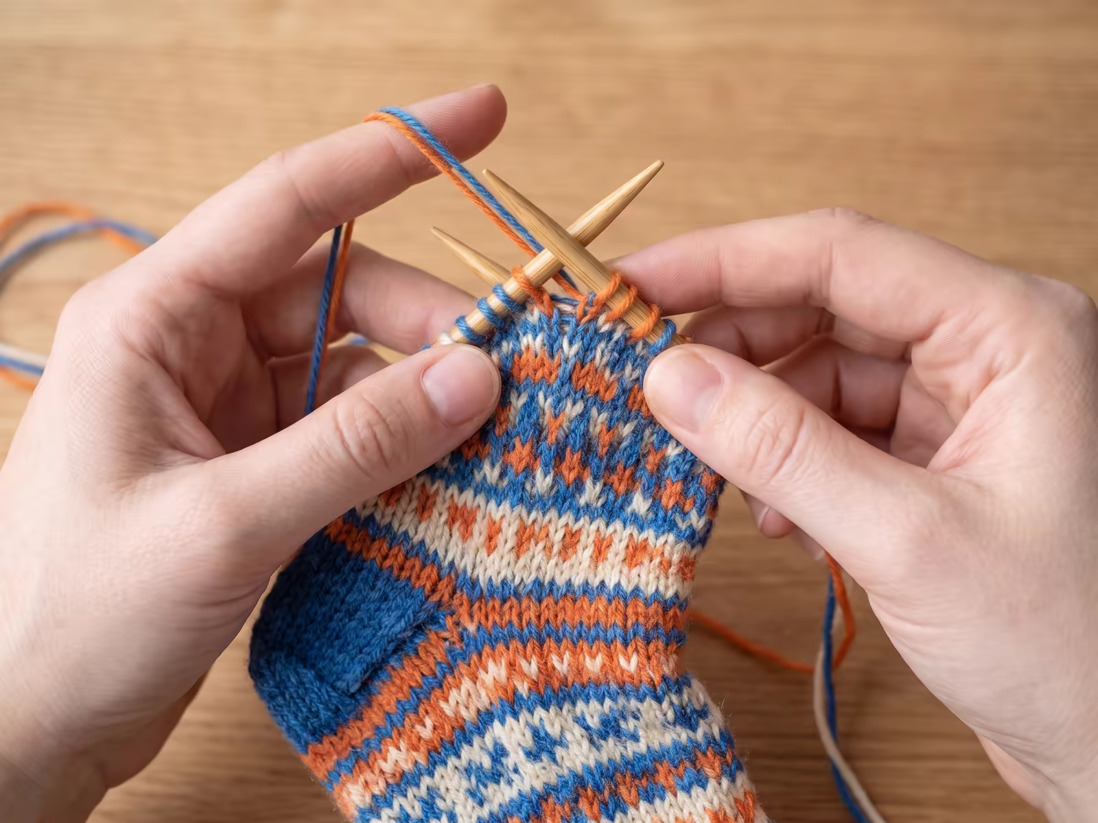 Bunte Fair-Isle-Colorwork-Socke mit zweifarbigem Muster auf dem Nadelspiel.