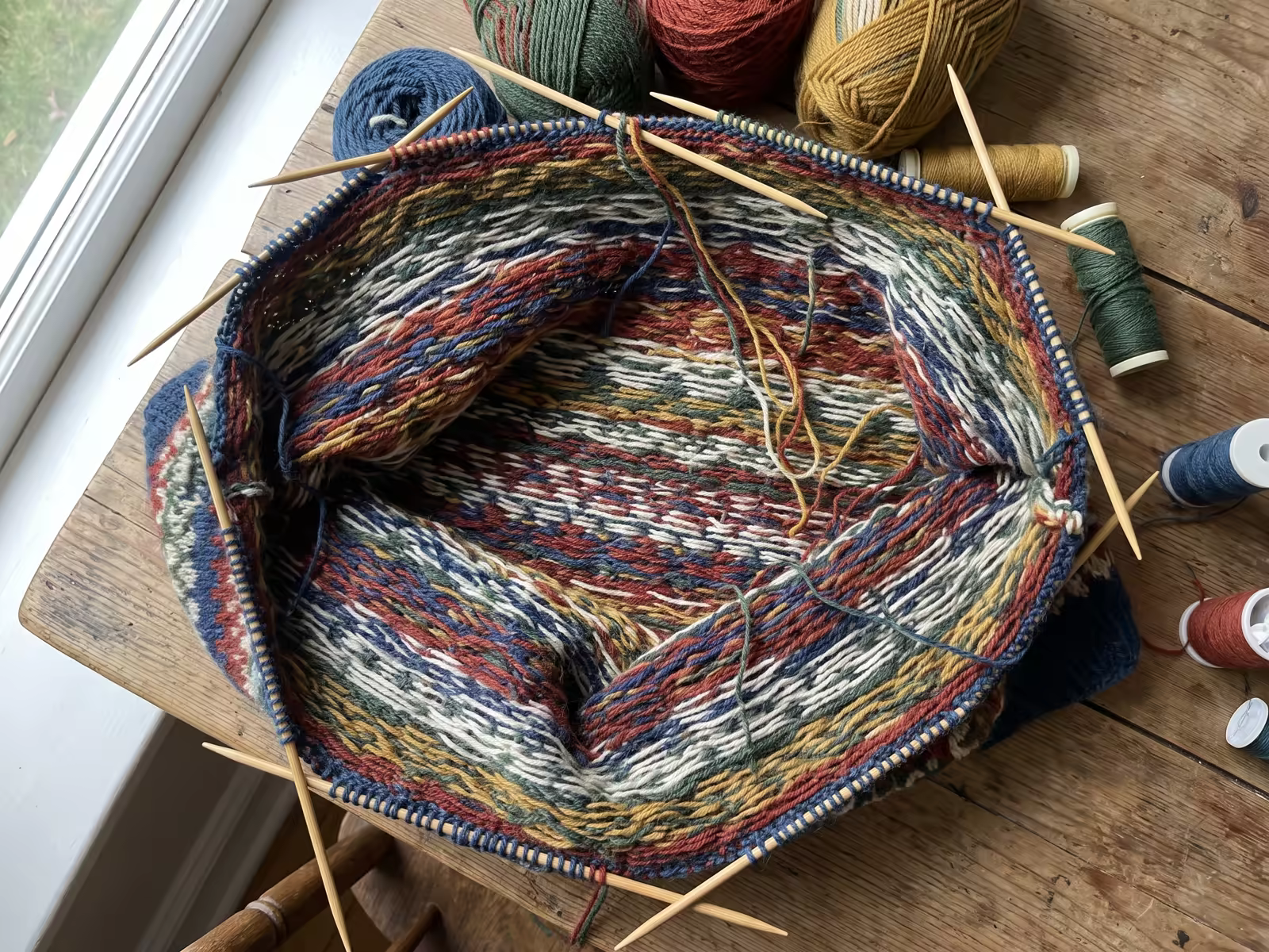 Nahaufnahme eines mehrfarbigen Fair-Isle-Strickmusters mit sichtbaren Spannfäden auf der Rückseite.