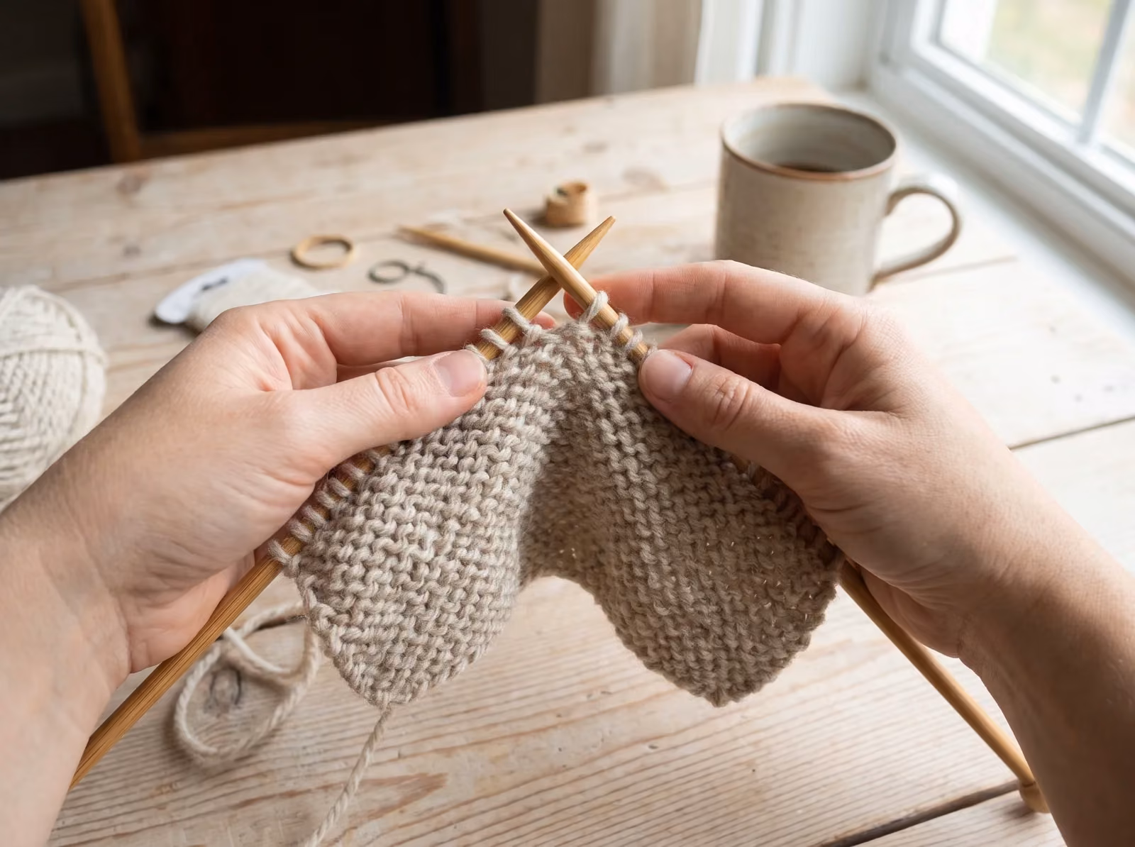 Hände stricken linke Maschen mit den kleinen waagerechten Strichen