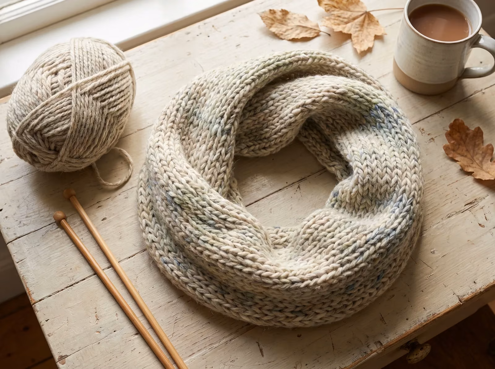 Chunky Loop-Schal in gedämpfter Wolle im Kreis auf einem Holztisch gelegt