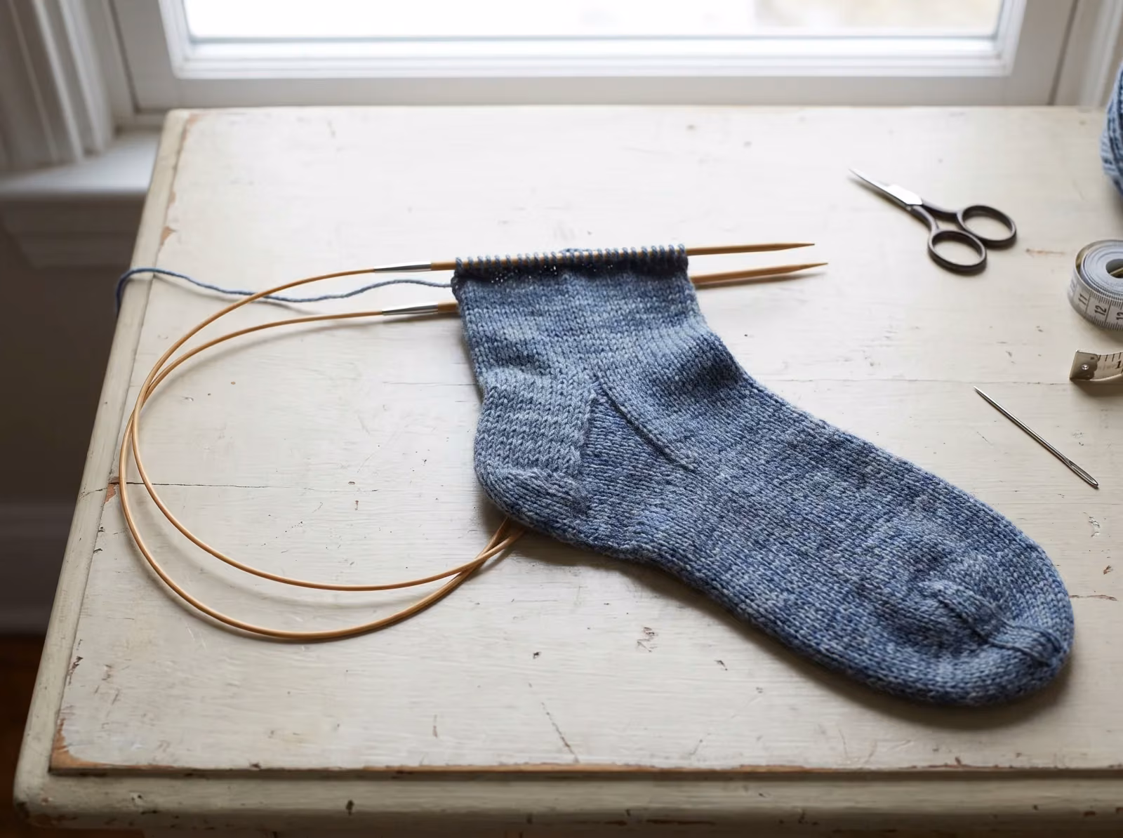 Socke wird mit der Magic-Loop-Technik auf einer langen Rundnadel gestrickt