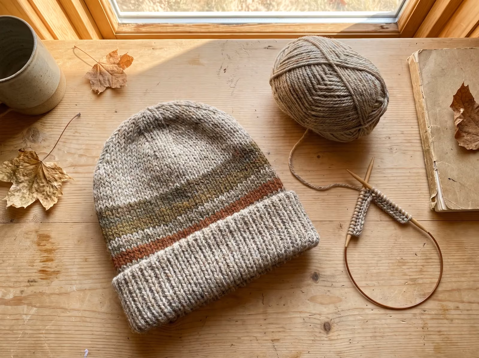 Fertig gestrickte Beanie-Mütze in gedämpften Naturtönen auf einem Holztisch, daneben Wollknäuel und Rundstricknadel