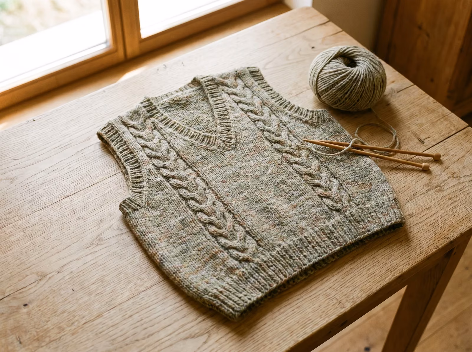 Fertig gestrickter ärmelloser Pullunder mit V-Ausschnitt in gedämpfter Wolle