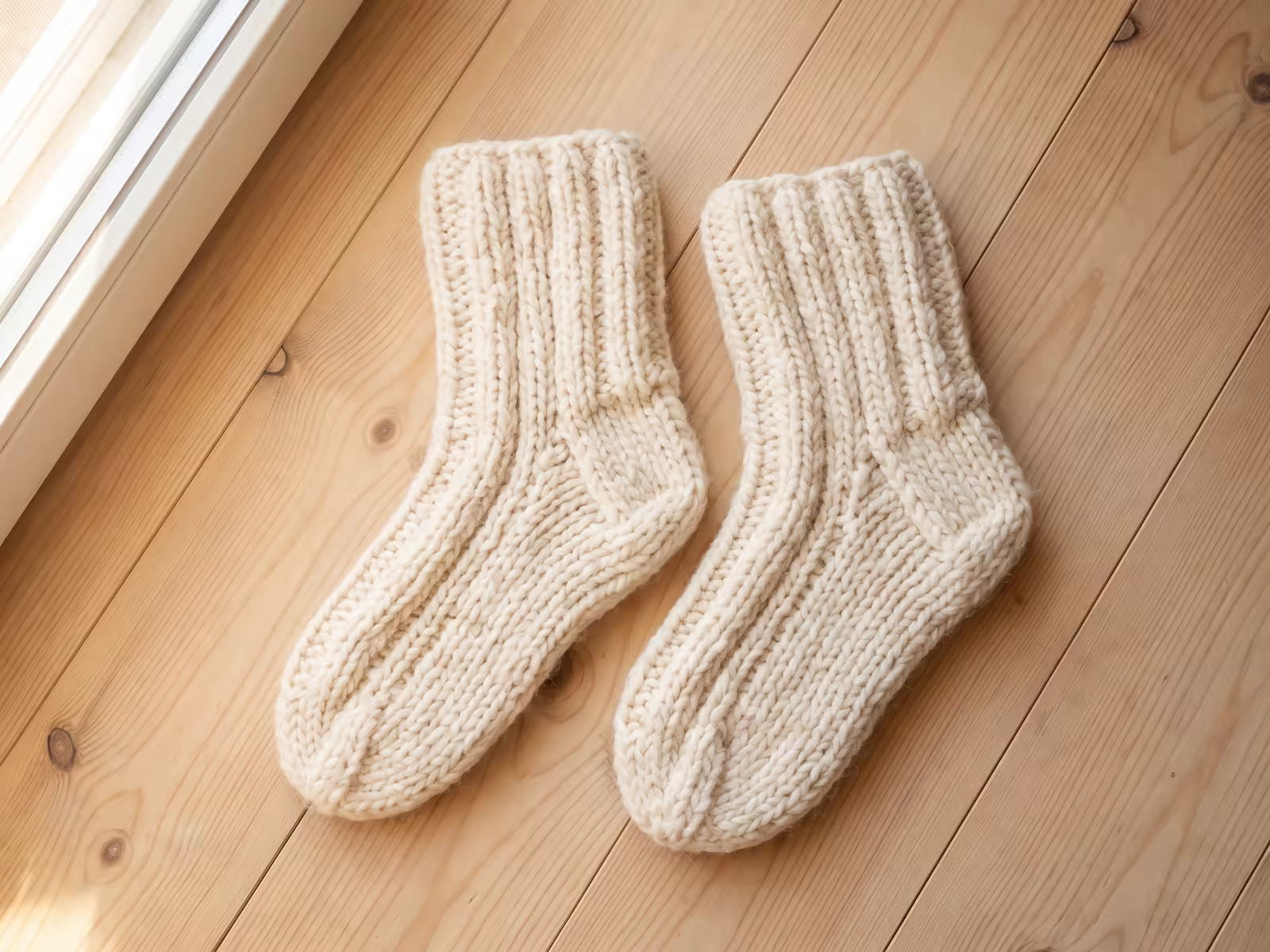 Ein Paar kuschelige Slipper-Socken aus dicker Wolle mit Rippenmuster.