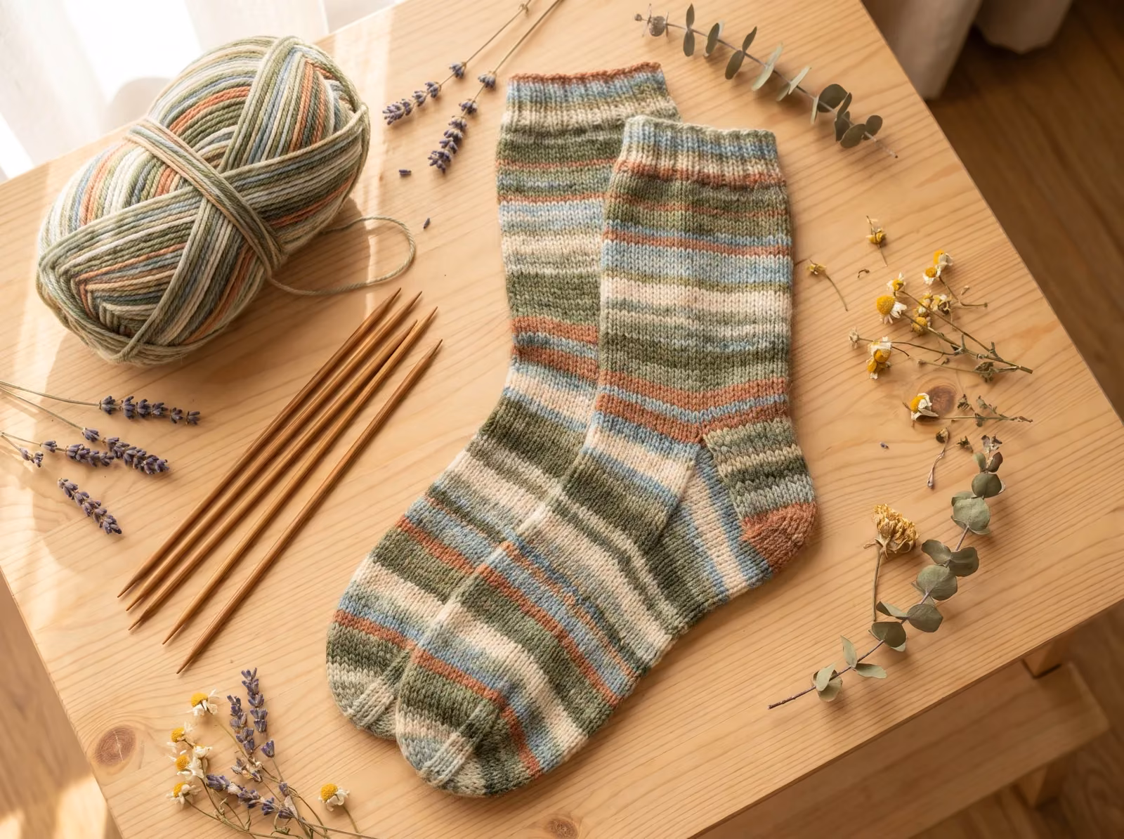 Frisch gestrickte Socken in gedämpfter Wolle mit Nadelspiel und Trockenblumen
