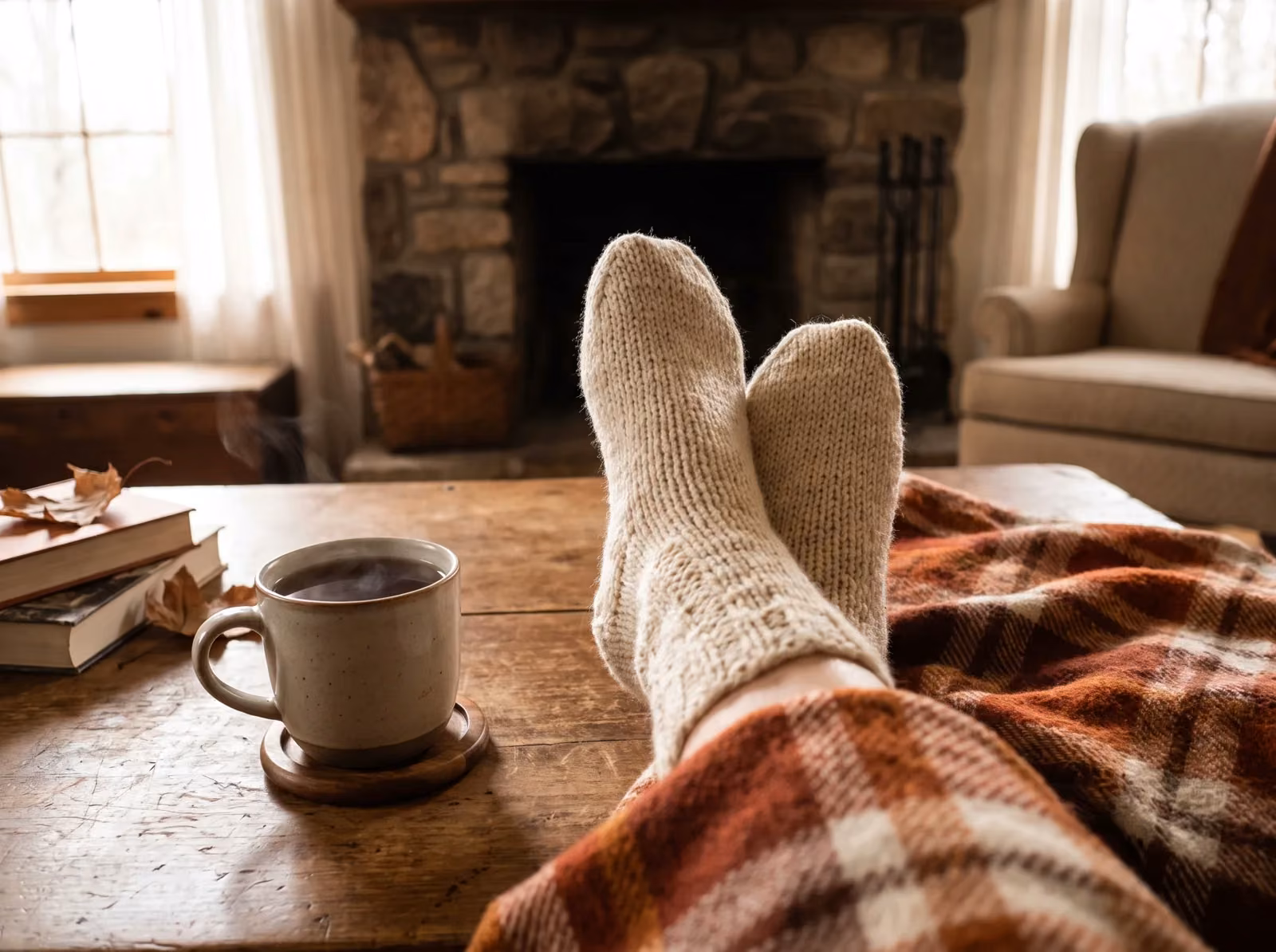 Fertige handgestrickte Wollsocken an den Füßen auf einer warmen Decke mit einer Tasse Tee